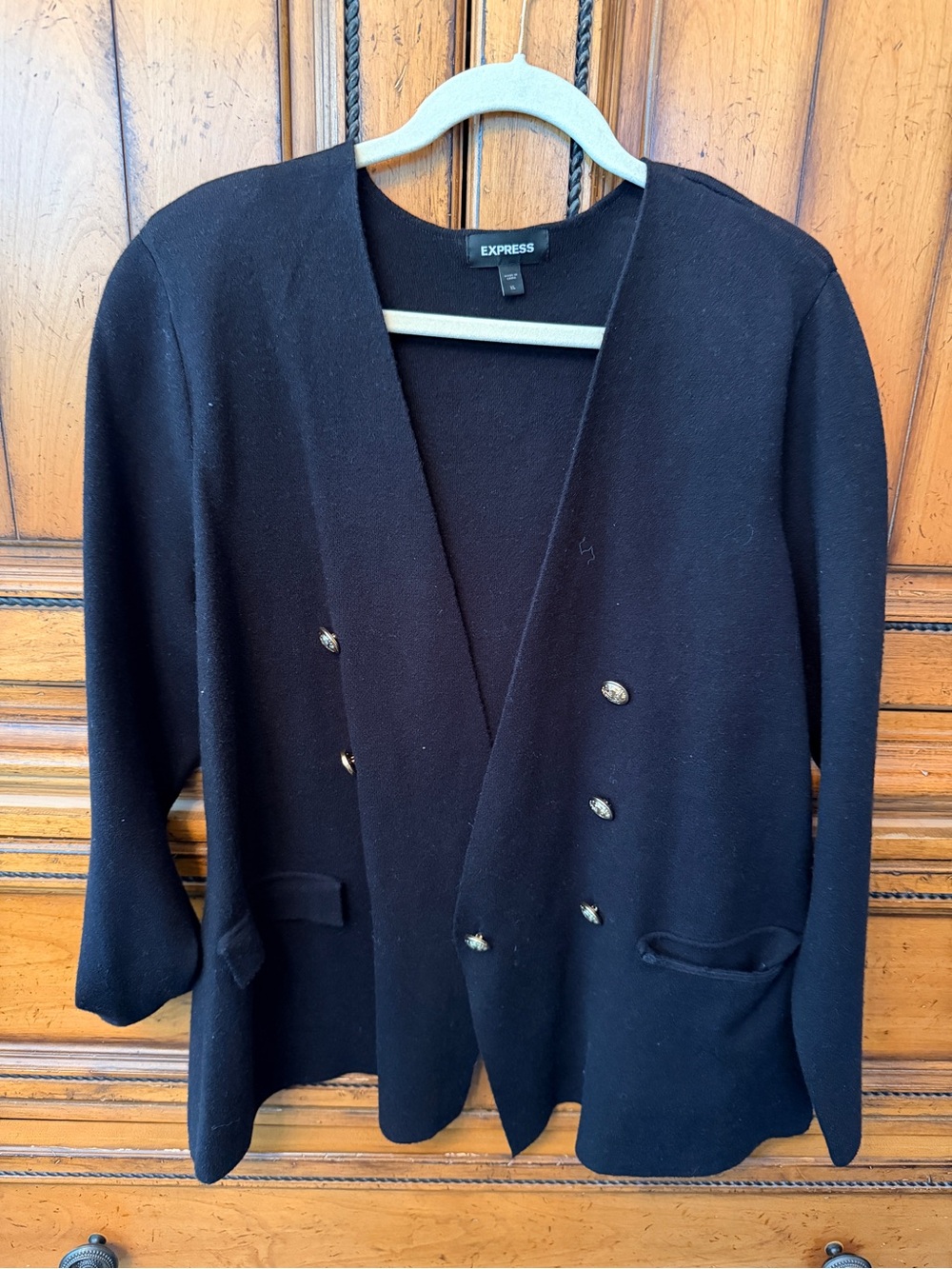Express Women's Black Double-Breasted Knit Blazer with Gold Buttons
